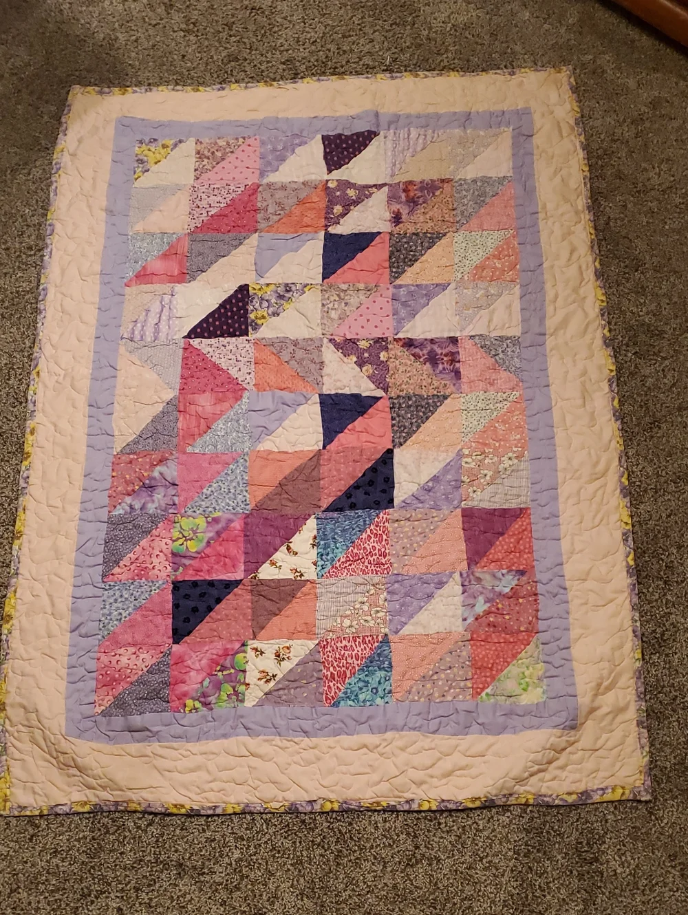 Vintage Handmade Patchwork Baby Quilt in Pinks and Purples